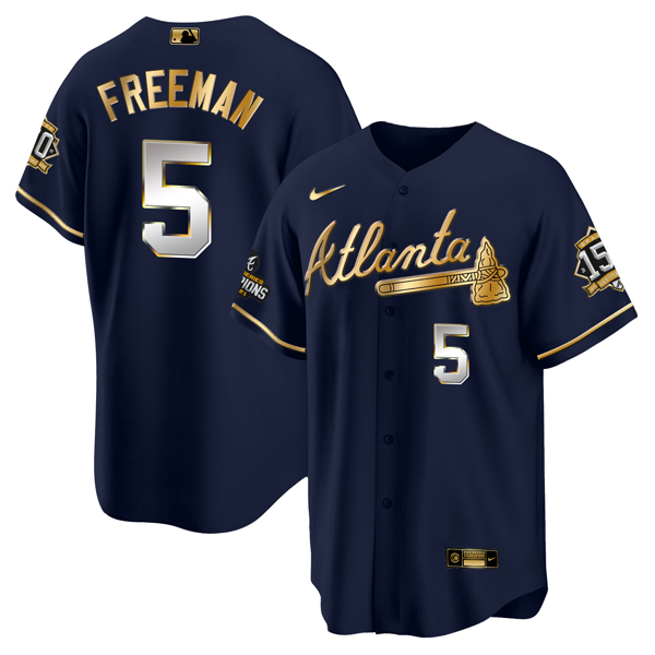 Men's Atlanta Braves #5 Freddie Freeman 2021 Navy/Gold World Series Champions With 150th Anniversary Patch Cool Base Stitched Jersey